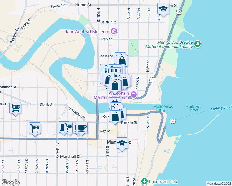 map of restaurants, bars, coffee shops, grocery stores, and more near 818 York Street in Manitowoc