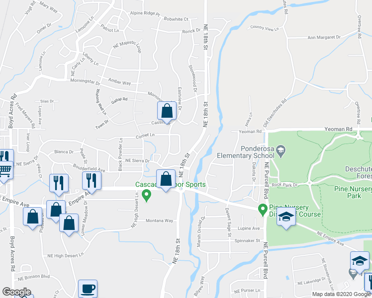 map of restaurants, bars, coffee shops, grocery stores, and more near 20854 Nova Loop in Bend
