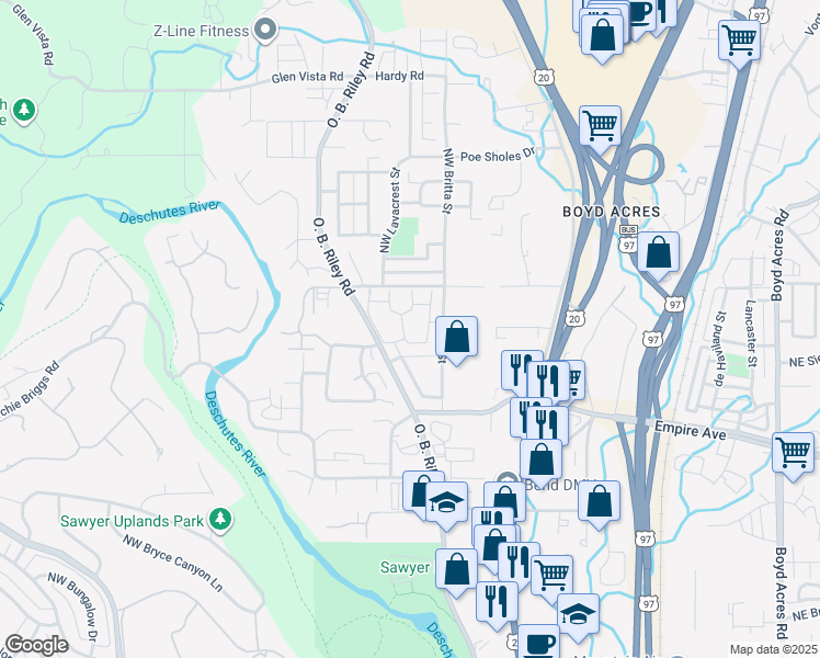 map of restaurants, bars, coffee shops, grocery stores, and more near 63106 Northwest Via Cambria in Bend