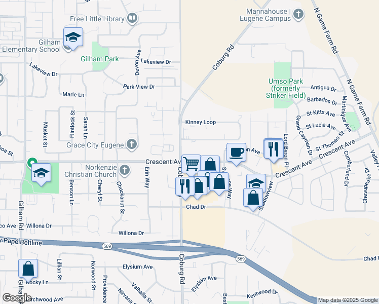 map of restaurants, bars, coffee shops, grocery stores, and more near 2802 Kinney Loop in Eugene