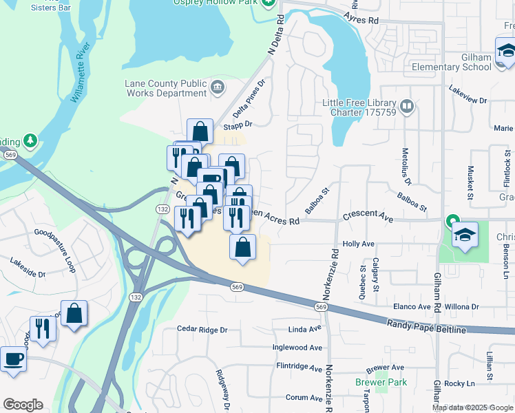 map of restaurants, bars, coffee shops, grocery stores, and more near 2845 Applewood Lane in Eugene