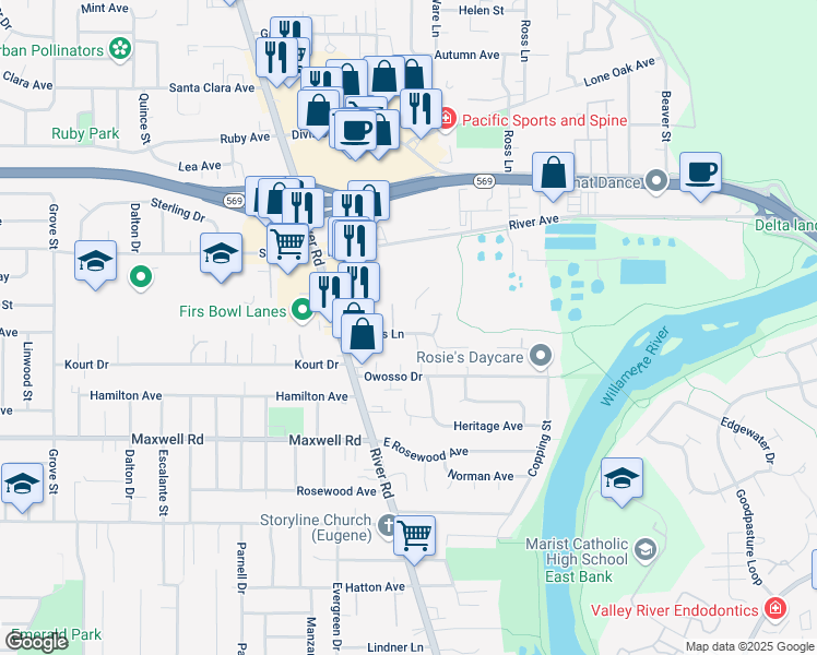 map of restaurants, bars, coffee shops, grocery stores, and more near 135 Corliss Lane in Eugene