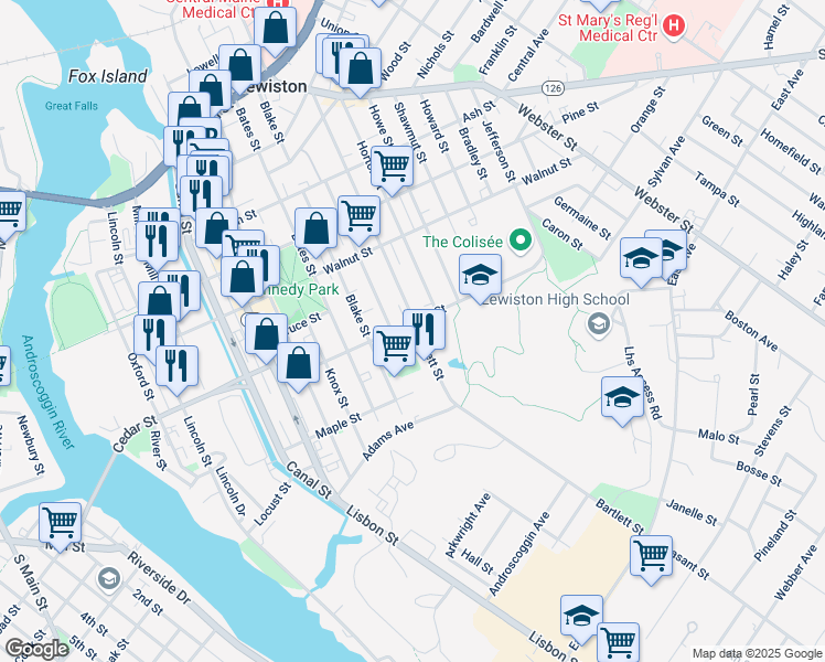 map of restaurants, bars, coffee shops, grocery stores, and more near 186 Bartlett Street in Lewiston