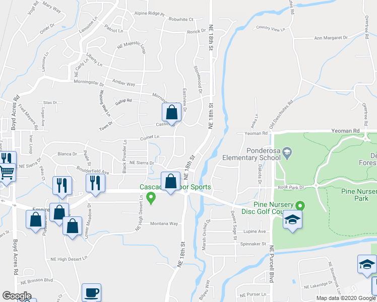 map of restaurants, bars, coffee shops, grocery stores, and more near 20870 Nova Loop in Bend
