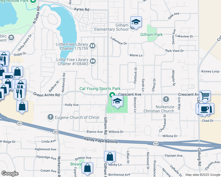 map of restaurants, bars, coffee shops, grocery stores, and more near 2757 Gilham Road in Eugene