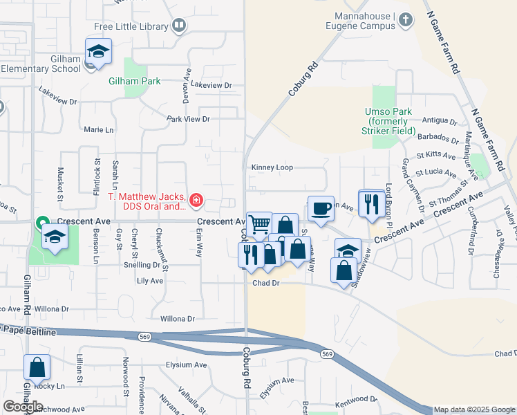 map of restaurants, bars, coffee shops, grocery stores, and more near 2802 Kinney Loop in Eugene