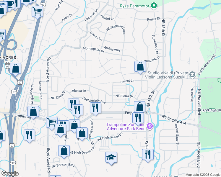 map of restaurants, bars, coffee shops, grocery stores, and more near 63187 Black Powder Lane in Bend