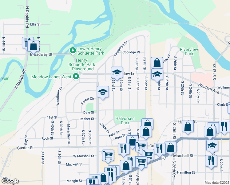 map of restaurants, bars, coffee shops, grocery stores, and more near 703 South 33rd Street in Manitowoc