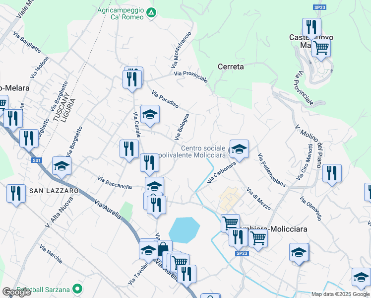 map of restaurants, bars, coffee shops, grocery stores, and more near 17 Via Carbone in Colombiera-molicciara