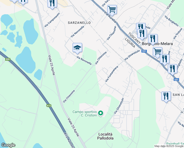 map of restaurants, bars, coffee shops, grocery stores, and more near 36 Via Fontananera in Provincia della Spezia