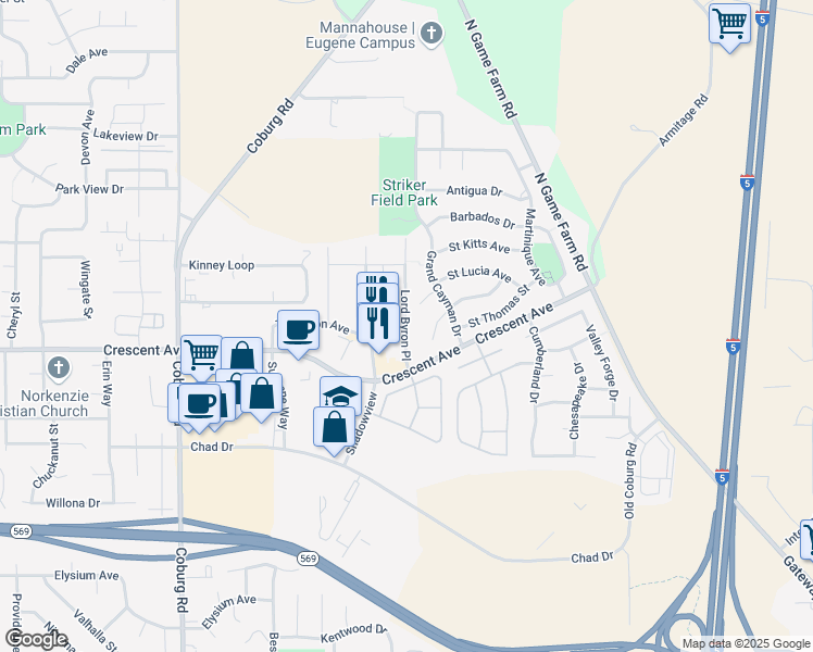 map of restaurants, bars, coffee shops, grocery stores, and more near 2798 Lord Byron Place in Eugene