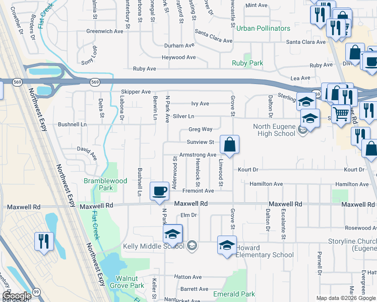 map of restaurants, bars, coffee shops, grocery stores, and more near 840 Sunview Street in Eugene