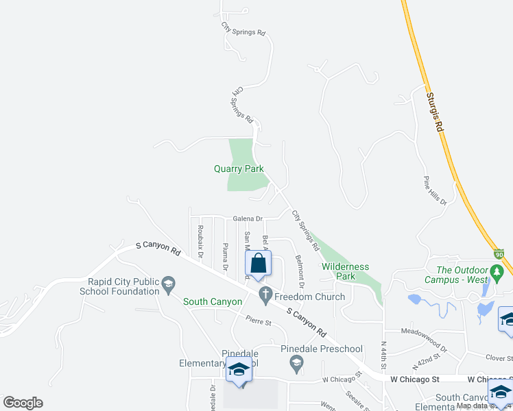 map of restaurants, bars, coffee shops, grocery stores, and more near 4831 Mountain Springs Court in Rapid City