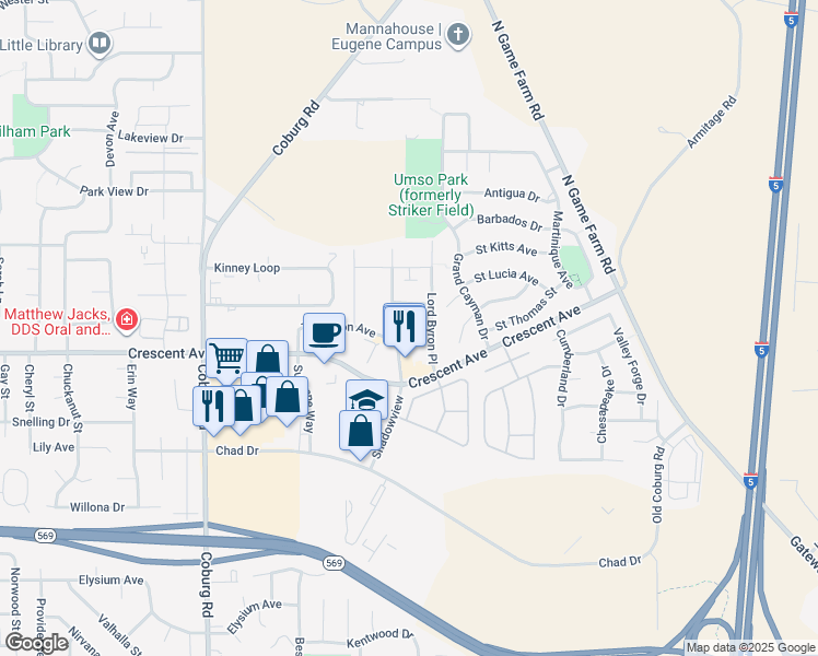 map of restaurants, bars, coffee shops, grocery stores, and more near 2911 Tennyson Avenue in Eugene