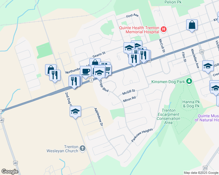 map of restaurants, bars, coffee shops, grocery stores, and more near 50 Tripp Boulevard in Quinte West