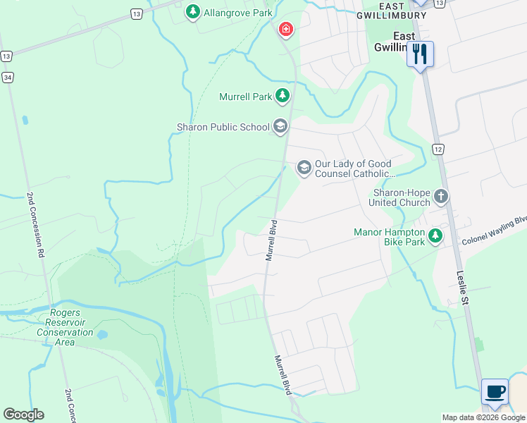 map of restaurants, bars, coffee shops, grocery stores, and more near 8 Slater Court in East Gwillimbury