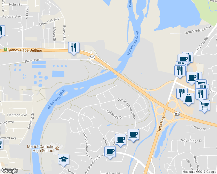 map of restaurants, bars, coffee shops, grocery stores, and more near 3325 Riverplace Drive in Eugene