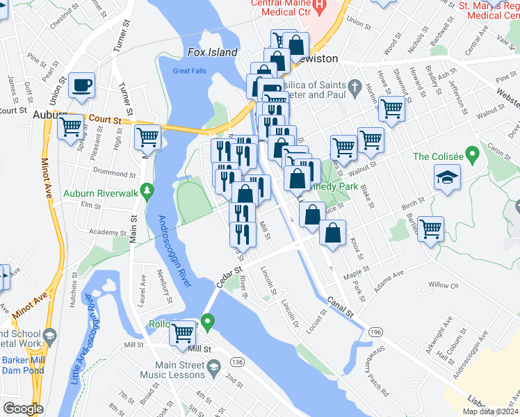 map of restaurants, bars, coffee shops, grocery stores, and more near 150 Mill Street in Lewiston
