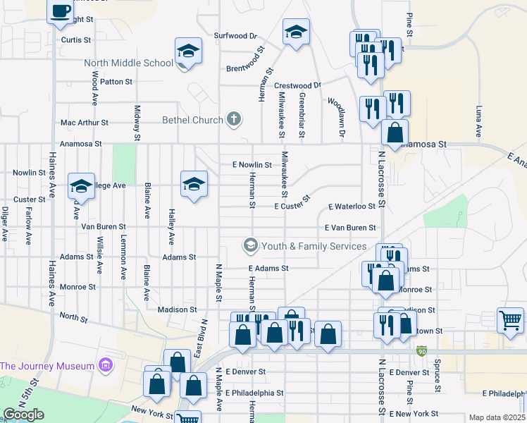 map of restaurants, bars, coffee shops, grocery stores, and more near 212 East Custer Street in Rapid City