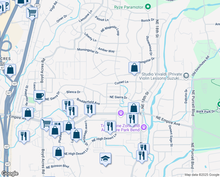 map of restaurants, bars, coffee shops, grocery stores, and more near 20749 Comet Lane in Bend