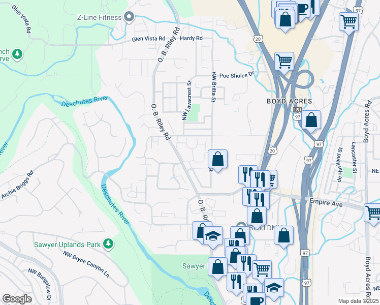 map of restaurants, bars, coffee shops, grocery stores, and more near 63179 NW Via Palazzo in Bend