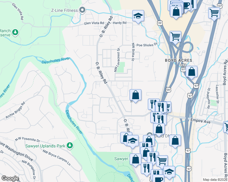 map of restaurants, bars, coffee shops, grocery stores, and more near 63179 NW Via Palazzo in Bend