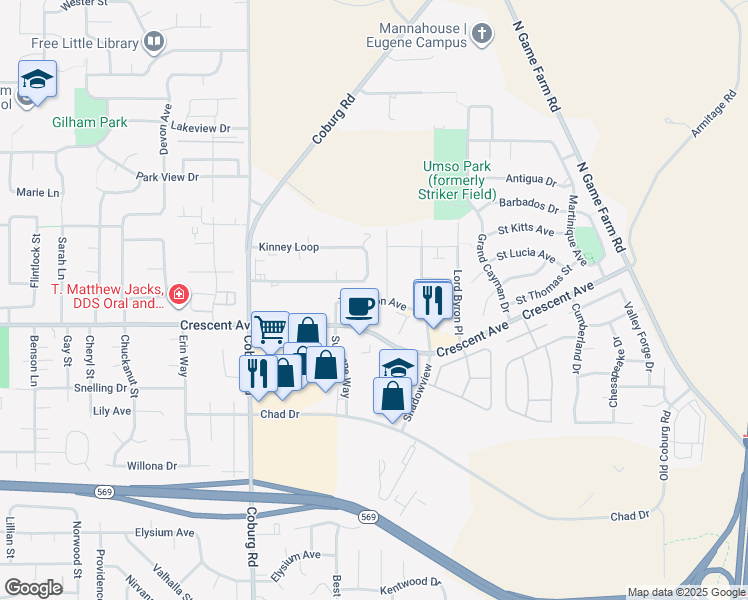 map of restaurants, bars, coffee shops, grocery stores, and more near 3018 Kinney Loop in Eugene