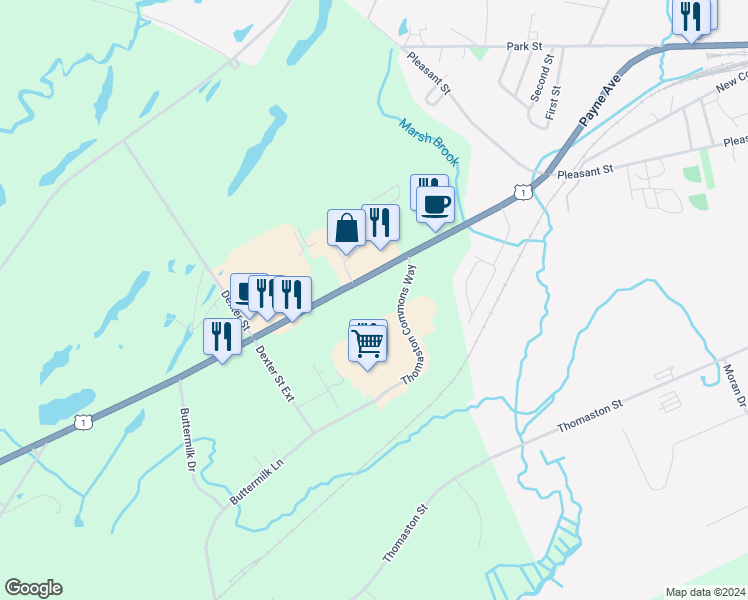 map of restaurants, bars, coffee shops, grocery stores, and more near 189 New County Road in Thomaston