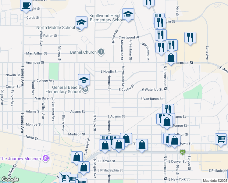 map of restaurants, bars, coffee shops, grocery stores, and more near 211 East Custer Street in Rapid City