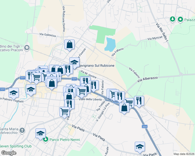 map of restaurants, bars, coffee shops, grocery stores, and more near 9 Via Mariele Ventre in Savignano sul Rubicone