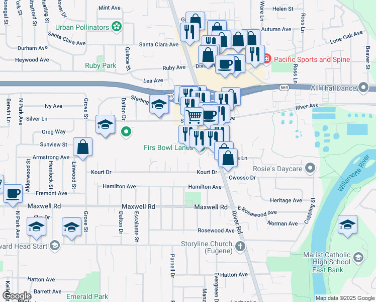 map of restaurants, bars, coffee shops, grocery stores, and more near 1970 River Road in Eugene
