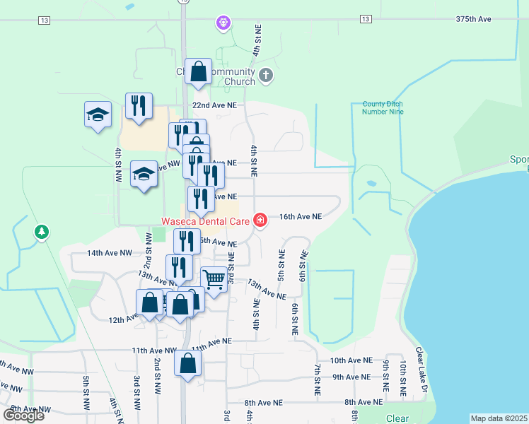 map of restaurants, bars, coffee shops, grocery stores, and more near 1604 4th Street Northeast in Waseca