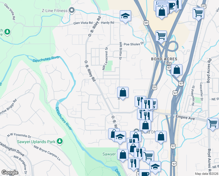 map of restaurants, bars, coffee shops, grocery stores, and more near 63106 Northwest Via Cambria in Bend