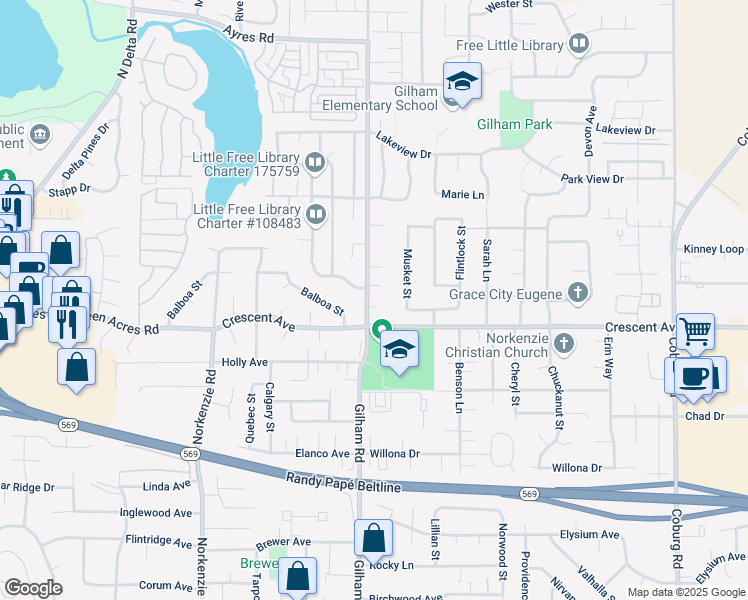 map of restaurants, bars, coffee shops, grocery stores, and more near 2843 Gilham Road in Eugene