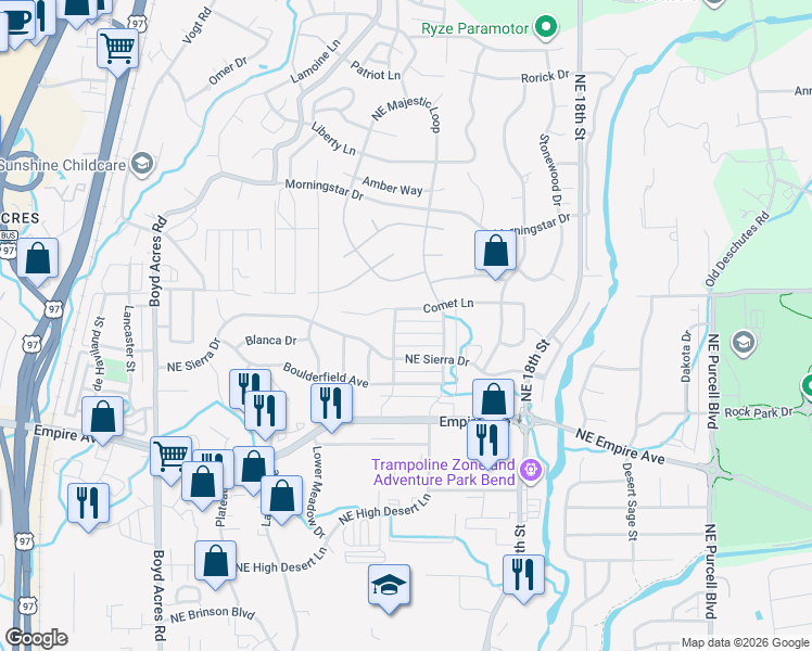 map of restaurants, bars, coffee shops, grocery stores, and more near 20749 Comet Lane in Bend