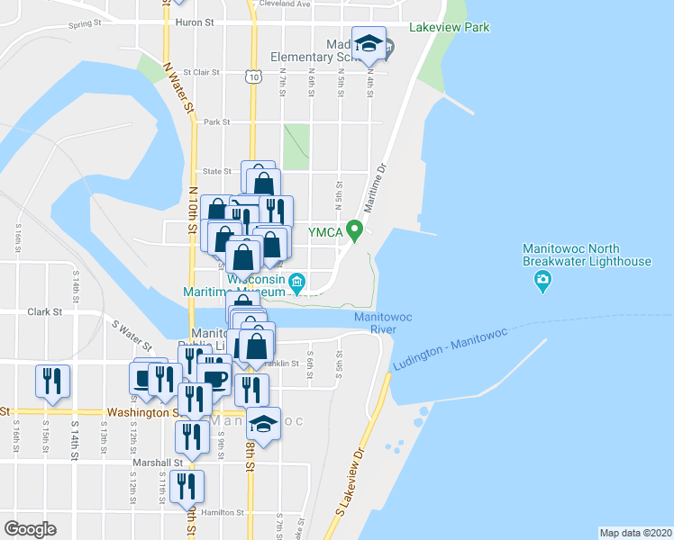 map of restaurants, bars, coffee shops, grocery stores, and more near 204 Maritime Drive in Manitowoc