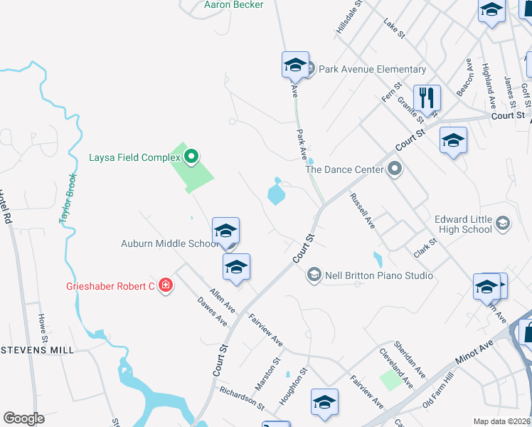 map of restaurants, bars, coffee shops, grocery stores, and more near 491 Court Street in Auburn