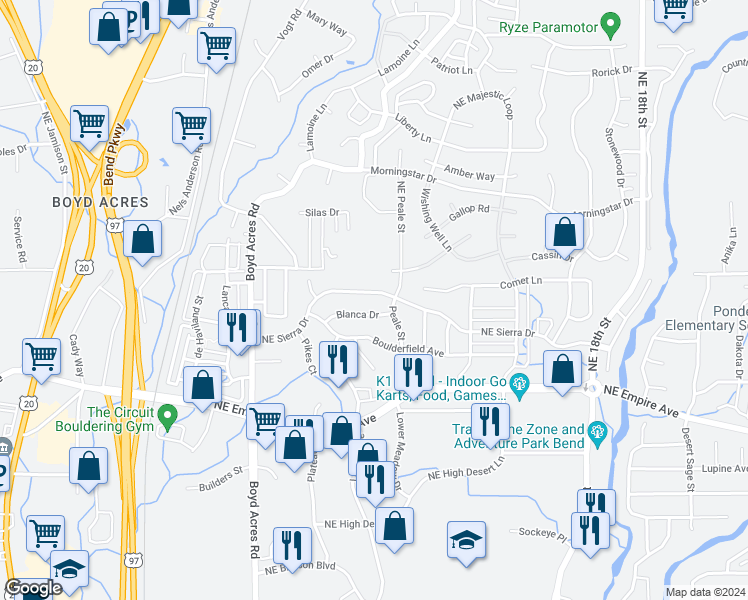map of restaurants, bars, coffee shops, grocery stores, and more near 20669 Northeast Sierra Drive in Bend