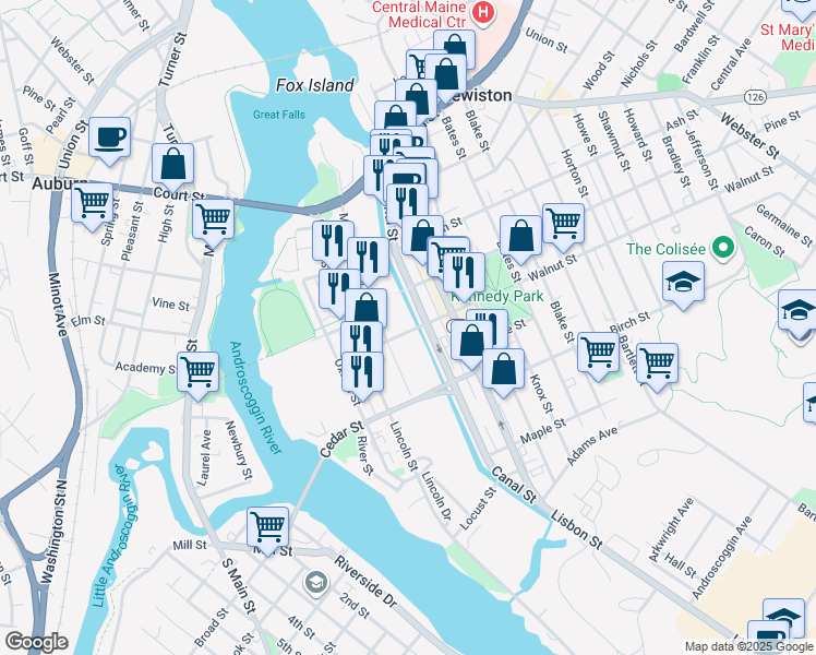 map of restaurants, bars, coffee shops, grocery stores, and more near 36 Chestnut Street in Lewiston