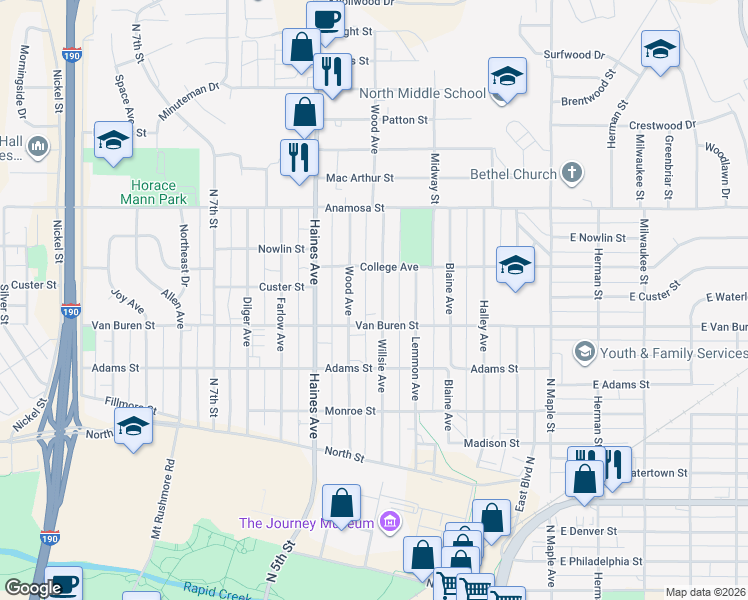 map of restaurants, bars, coffee shops, grocery stores, and more near 925 Willsie Avenue in Rapid City