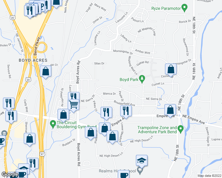 map of restaurants, bars, coffee shops, grocery stores, and more near 20659 Northeast Sierra Drive in Bend