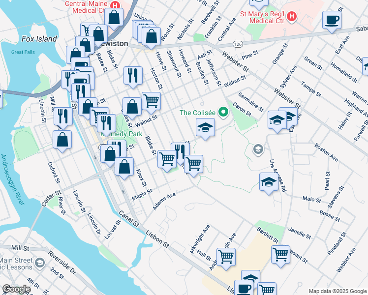 map of restaurants, bars, coffee shops, grocery stores, and more near 186 Bartlett Street in Lewiston