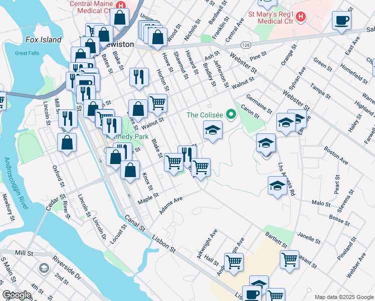 map of restaurants, bars, coffee shops, grocery stores, and more near 190 Birch Street in Lewiston