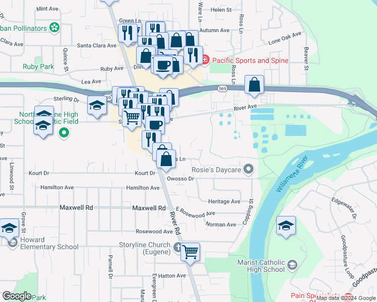 map of restaurants, bars, coffee shops, grocery stores, and more near 135 Corliss Lane in Eugene