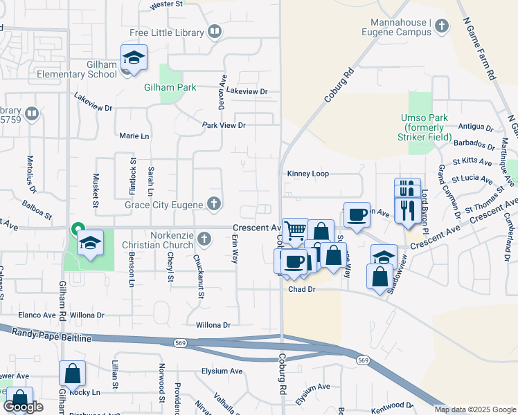 map of restaurants, bars, coffee shops, grocery stores, and more near 2745 Matt Drive in Eugene