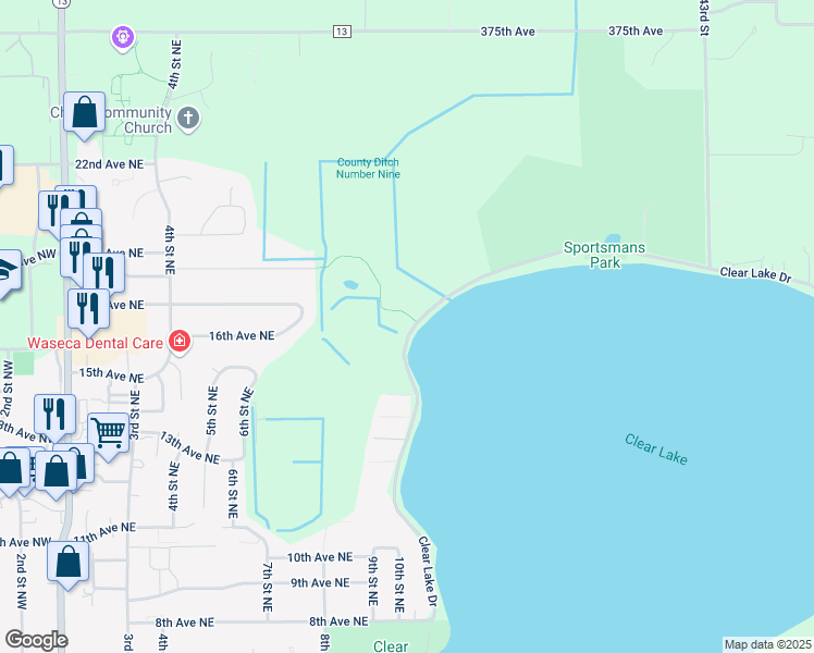 map of restaurants, bars, coffee shops, grocery stores, and more near 1705 Clear Lake Drive in Waseca