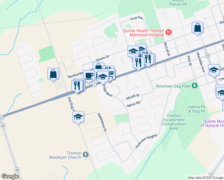 map of restaurants, bars, coffee shops, grocery stores, and more near 50 Tripp Boulevard in Quinte West