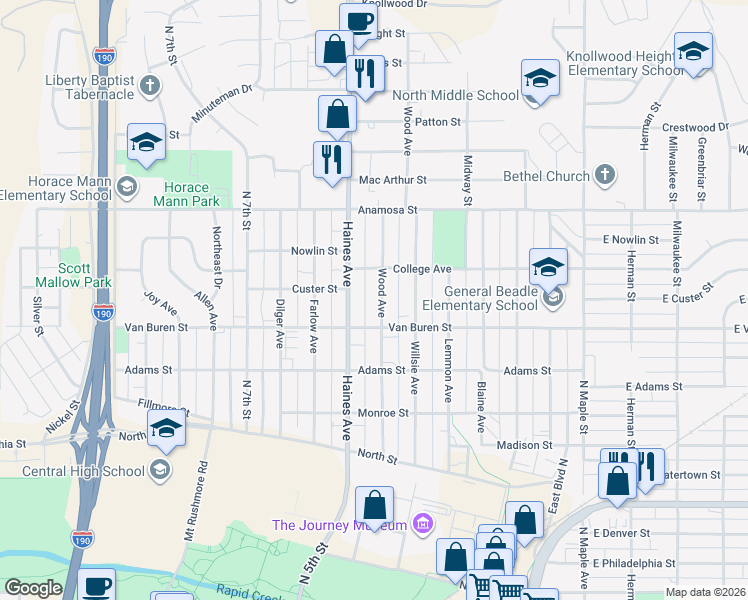 map of restaurants, bars, coffee shops, grocery stores, and more near 921 Wood Avenue in Rapid City