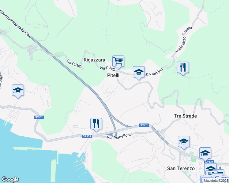 map of restaurants, bars, coffee shops, grocery stores, and more near 110 Via Umberto Biancamano in Lerici