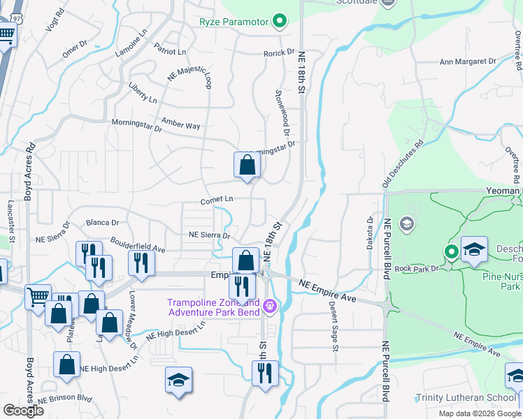 map of restaurants, bars, coffee shops, grocery stores, and more near 20855 Nova Loop in Bend